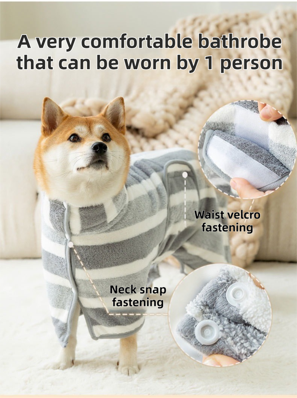 Brown Stripes Super Absorbent Pet Bathrobe with Waist Belt & Neck Snap - Full Coverage Quick-Drying Towel for Dogs & Cats (XL Size)
