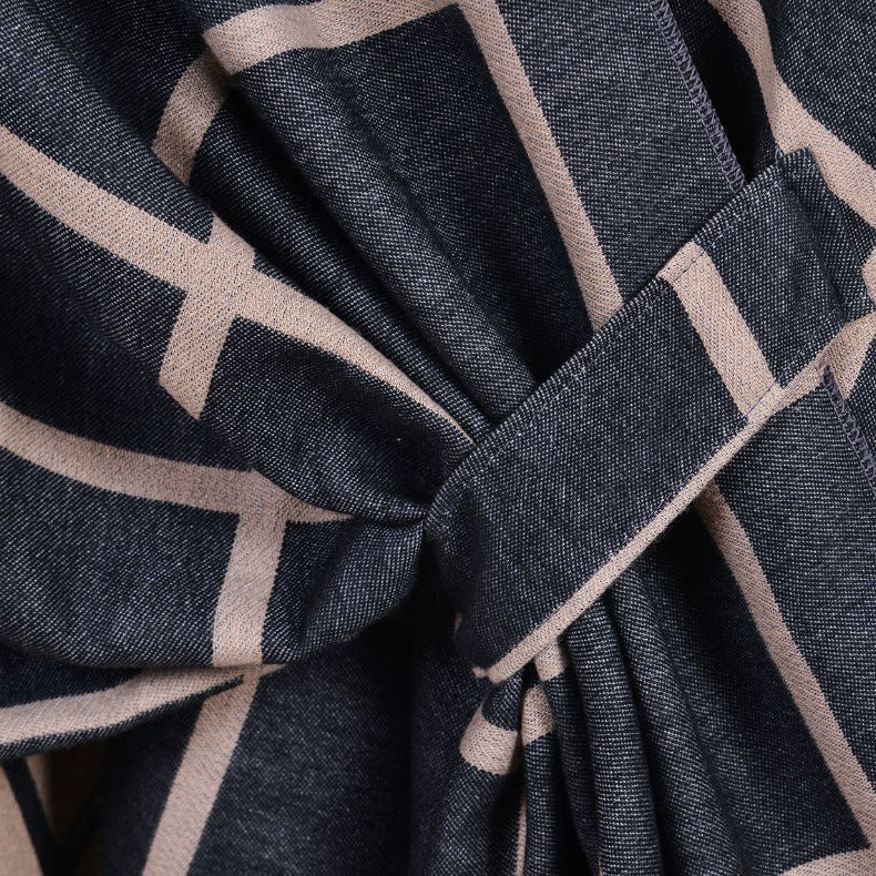 Grey and Pink Elegant Check Knit Travel Shawl with Stylish Side-Slit Design - Fall & Winter Luxurious Cashmere-Feel Pullover Cape (135 x 155 CM)