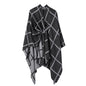 Black and Grey Elegant Check Knit Travel Shawl with Stylish Side-Slit Design - Fall & Winter Luxurious Cashmere-Feel Pullover Cape (135 x 155 CM)