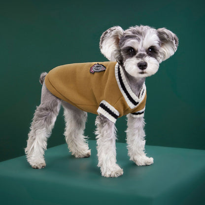 4-Pack S Size Preppy Style V-Neck Knitted Cotton Pet Sweater - Hair-Resistant & Breathable, Classic Fleece-Lined Pullover for Cats and Dogs(Green + Red + Khaki + Grey)