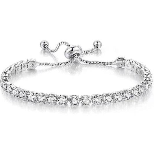Silver High-Sparkle Cubic Zirconia Single Row Iced-Out Tennis Bracelet (5.7" to 11.3") - Minimalist Geometric Dainty Jewelry