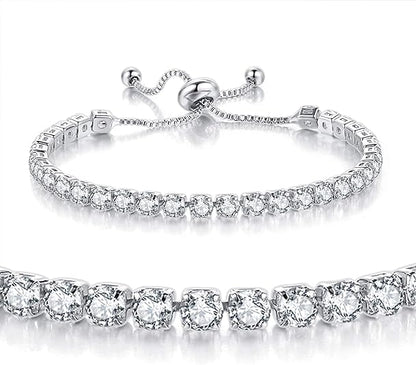 Silver High-Sparkle Cubic Zirconia Double Row Iced-Out Tennis Bracelet (5.7" to 11.3") - Minimalist Geometric Dainty Jewelry