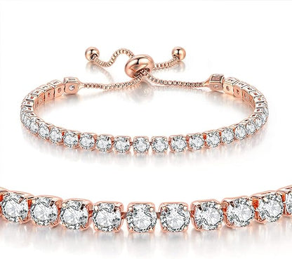 Rose Gold High-Sparkle Cubic Zirconia Double Row Iced-Out Tennis Bracelet (5.7" to 11.3") - Minimalist Geometric Dainty Jewelry