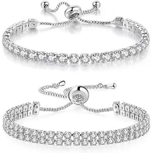 Silver High-Sparkle Cubic Zirconia Iced-Out Tennis Bracelet of Single Row & Double Row (5.7" to 11.3") - Minimalist Geometric Dainty Jewelry