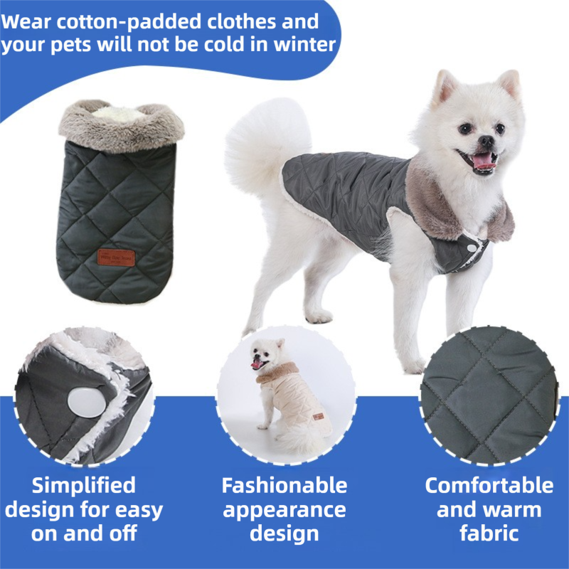 M Size Beige Winter Padded Cotton Dog Thermal Plaid Vest with Faux Fur Collar - Thick Fleece-Lined Warm Pet Jacket