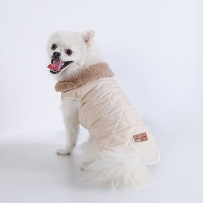 L Size Beige Winter Padded Cotton Dog Thermal Plaid Vest with Faux Fur Collar - Thick Fleece-Lined Warm Pet Jacket