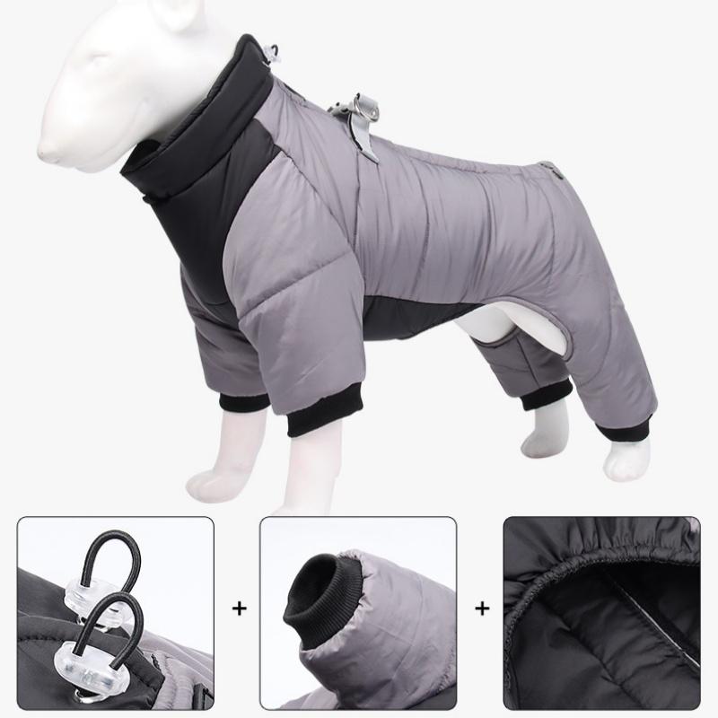 M Size Grey Winter Waterproof Dog 4 Leg Jumpsuit for Full Body Warmth - Reflective Windproof Pet Puffer Coat with Integrated Harness
