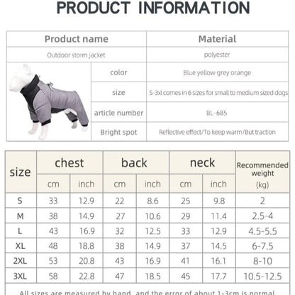 XL Size Grey Winter Waterproof Dog 4 Leg Jumpsuit for Full Body Warmth - Reflective Windproof Pet Puffer Coat with Integrated Harness