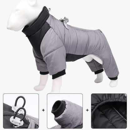3XL Size Orange Winter Waterproof Dog 4 Leg Jumpsuit for Full Body Warmth - Reflective Windproof Pet Puffer Coat with Integrated Harness
