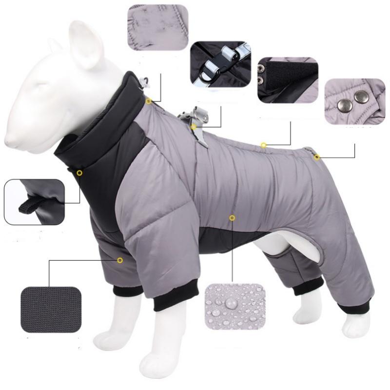 3XL Size Yellow Winter Waterproof Dog 4 Leg Jumpsuit for Full Body Warmth - Reflective Windproof Pet Puffer Coat with Integrated Harness