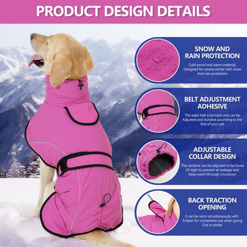 3XL Size Dark Blue Winter Waterproof Dog Puffer Vest with Adjustable Neckline / Belt and Leash Access - Reflective Long-Pile Fleece Lined Warm Cloak
