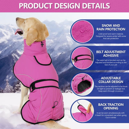 3XL Size Dark Blue Winter Waterproof Dog Puffer Vest with Adjustable Neckline / Belt and Leash Access - Reflective Long-Pile Fleece Lined Warm Cloak