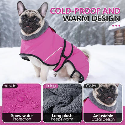 3XL Size Dark Blue Winter Waterproof Dog Puffer Vest with Adjustable Neckline / Belt and Leash Access - Reflective Long-Pile Fleece Lined Warm Cloak