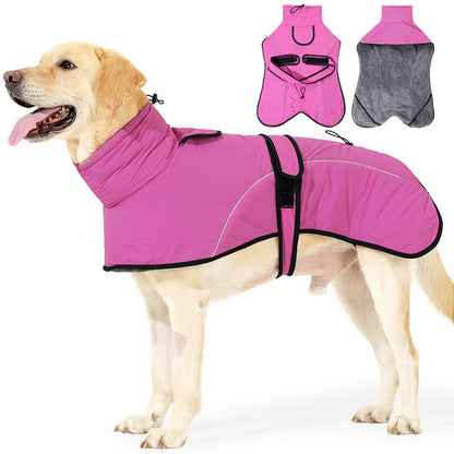 M Size Rose Red Winter Waterproof Dog Puffer Vest with Adjustable Neckline / Belt and Leash Access - Reflective Long-Pile Fleece Lined Warm Cloak