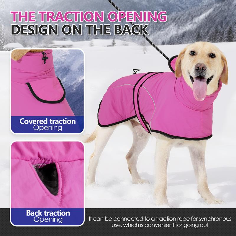 M Size Rose Red Winter Waterproof Dog Puffer Vest with Adjustable Neckline / Belt and Leash Access - Reflective Long-Pile Fleece Lined Warm Cloak