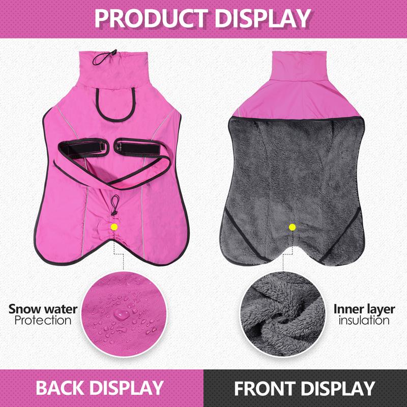 M Size Rose Red Winter Waterproof Dog Puffer Vest with Adjustable Neckline / Belt and Leash Access - Reflective Long-Pile Fleece Lined Warm Cloak