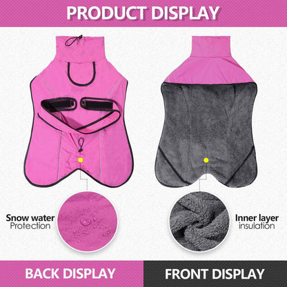 M Size Rose Red Winter Waterproof Dog Puffer Vest with Adjustable Neckline / Belt and Leash Access - Reflective Long-Pile Fleece Lined Warm Cloak