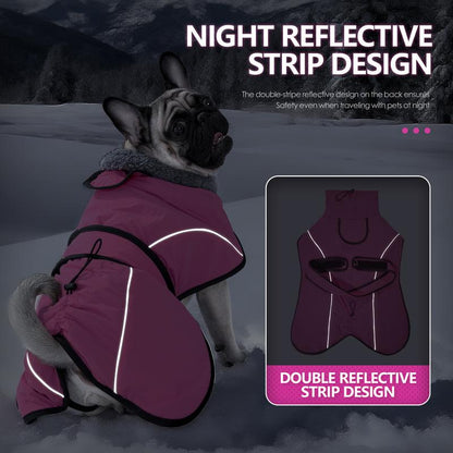 XL Size Rose Red Winter Waterproof Dog Puffer Vest with Adjustable Neckline / Belt and Leash Access - Reflective Long-Pile Fleece Lined Warm Cloak