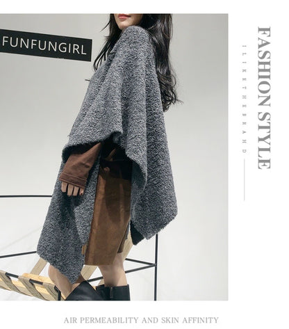 Grey Premium Knitted Wool Blend Poncho - Elegant Thickened Drape Shawl & Cape Cardigan Coat