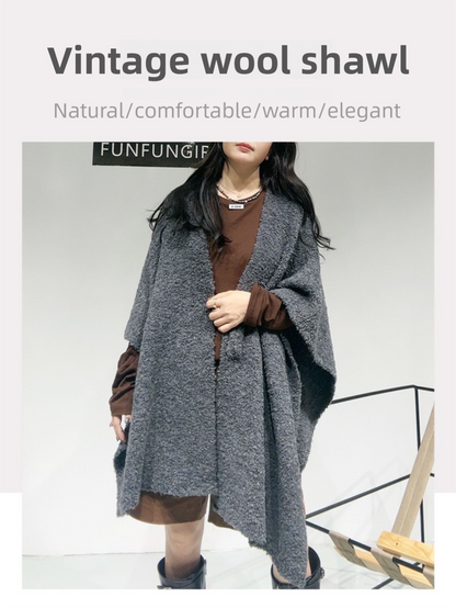 Grey Premium Knitted Wool Blend Poncho - Elegant Thickened Drape Shawl & Cape Cardigan Coat