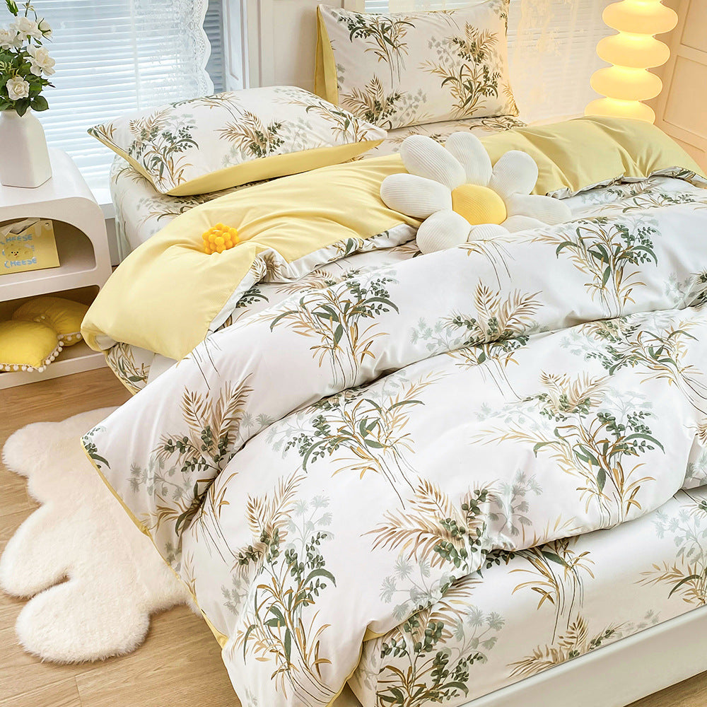 4-Piece Elegant Green Bouquet Printed Soft-Touch Brushed Bedding Set for 1.8M Bed: 200 x 230 CM Duvet Cover, 180 x 200 (+25) CM Deep Pocket Fitted Sheet & 2PC 50 x 75 CM Pillowcases