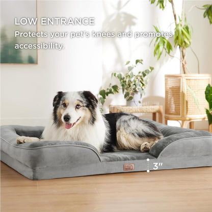 Grey Waterproof Egg-Crate Foam Therapeutic Pet Sofa Bed and Fleece Lounge (L Size 91 x 69 x 17 CM) - Low Entry, High Bolster Support & Zipper Removable Cover