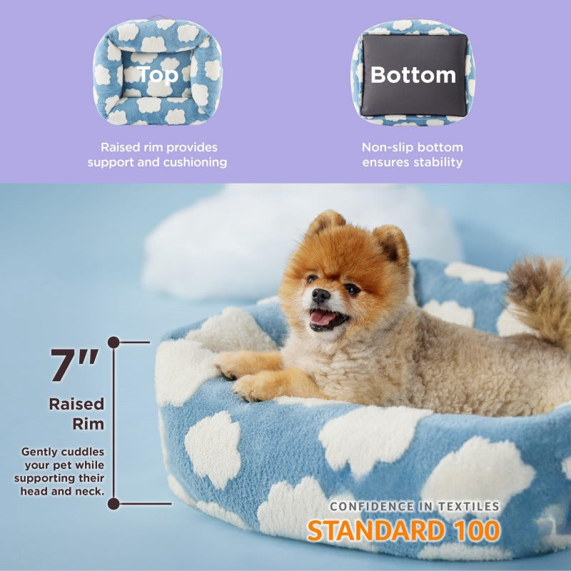 63x53x17 CM Cute Square Plush Pet Bed with Removable Cover & 5 Bolsters Support - Purple Plaid Machine Washable Calming Dog & Cat Sofa
