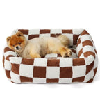 50x48x15 CM Cute Square Plush Pet Bed with Removable Cover & 5 Bolsters Support - Brown Plaid Machine Washable Calming Dog & Cat Sofa