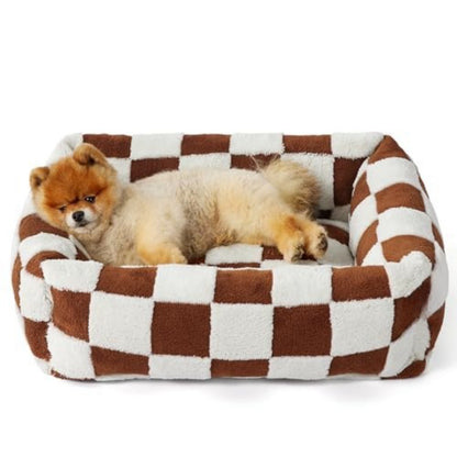50x48x15 CM Cute Square Plush Pet Bed with Removable Cover & 5 Bolsters Support - Brown Plaid Machine Washable Calming Dog & Cat Sofa