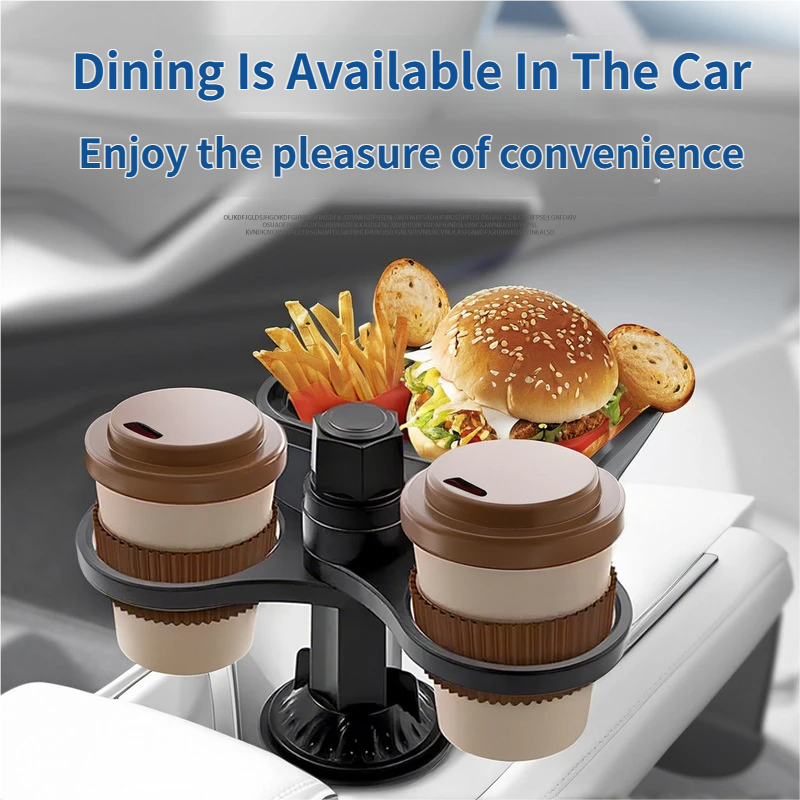 2-in-1 Car Rotating Dinner Tray & Double Cup Holder with Secure Phone Mount - Car Cup Slot Swivel Expander and Snacks & Drinks Organizer