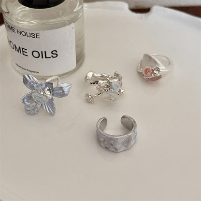2PCS Vintage Camellia Handmade Enamel Stackable Wide Metal Rings C+D with Zirconia Accents - French Style Stackable Floral Band for Women