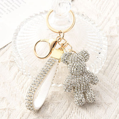 White Crystal-Encrusted Sparkling Bear Keychain - Luxury Fashion Bag Charm & Key Alloy Accessory