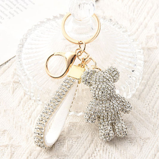 White Crystal-Encrusted Sparkling Bear Keychain - Luxury Fashion Bag Charm & Key Alloy Accessory