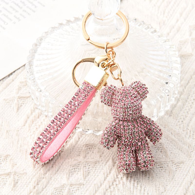 Pink Crystal-Encrusted Sparkling Bear Keychain - Luxury Fashion Bag Charm & Key Alloy Accessory