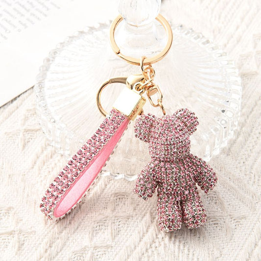 Pink Crystal-Encrusted Sparkling Bear Keychain - Luxury Fashion Bag Charm & Key Alloy Accessory