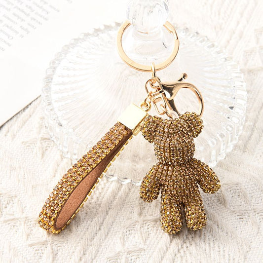 Gold Crystal-Encrusted Sparkling Bear Keychain - Luxury Fashion Bag Charm & Key Alloy Accessory