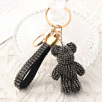 Black Crystal-Encrusted Sparkling Bear Keychain - Luxury Fashion Bag Charm & Key Alloy Accessory