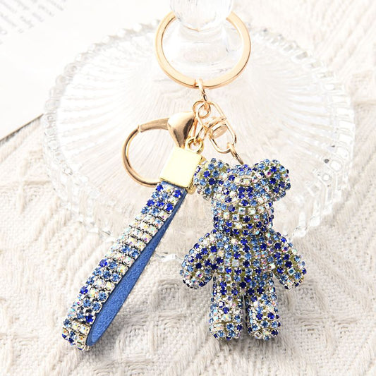 Blue Crystal-Encrusted Sparkling Bear Keychain - Luxury Fashion Bag Charm & Key Alloy Accessory