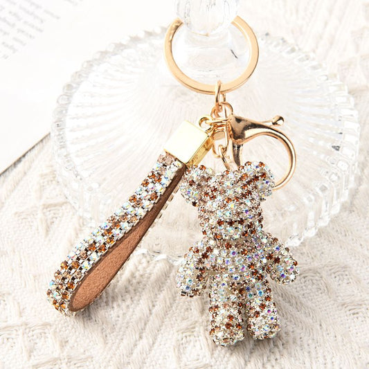 Champagne Crystal-Encrusted Sparkling Bear Keychain - Luxury Fashion Bag Charm & Key Alloy Accessory