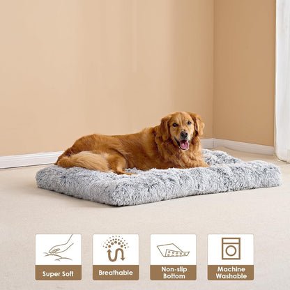 55 x 40 CM Winter Long Plush Dog Bed for Large Dogs - 10CM Thickened Fluffy Faux Fur Pad - Calming Anti Anxiety Pet Cushion with Non-Slip Bottom, Removable & Washable Heavy Duty Bedding, Grey S Size