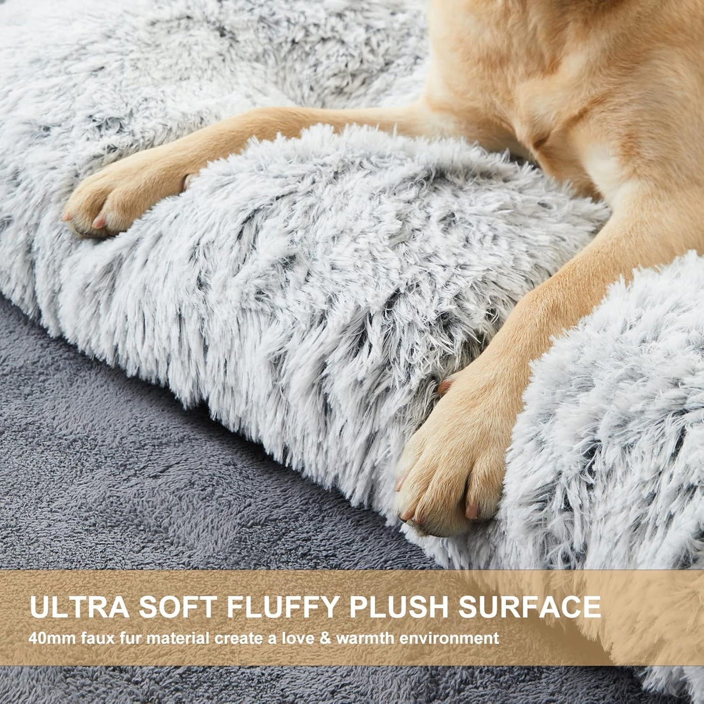 55 x 40 CM Winter Long Plush Dog Bed for Large Dogs - 10CM Thickened Fluffy Faux Fur Pad - Calming Anti Anxiety Pet Cushion with Non-Slip Bottom, Removable & Washable Heavy Duty Bedding, Grey S Size