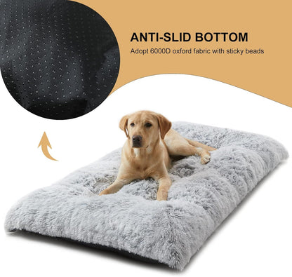 55 x 40 CM Winter Long Plush Dog Bed for Large Dogs - 10CM Thickened Fluffy Faux Fur Pad - Calming Anti Anxiety Pet Cushion with Non-Slip Bottom, Removable & Washable Heavy Duty Bedding, Grey S Size