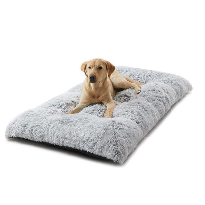 80 x 55 CM Winter Long Plush Dog Bed for Large Dogs - 10CM Thickened Fluffy Faux Fur Pad - Calming Anti Anxiety Pet Cushion with Non-Slip Bottom, Removable & Washable Heavy Duty Bedding, Grey L Size