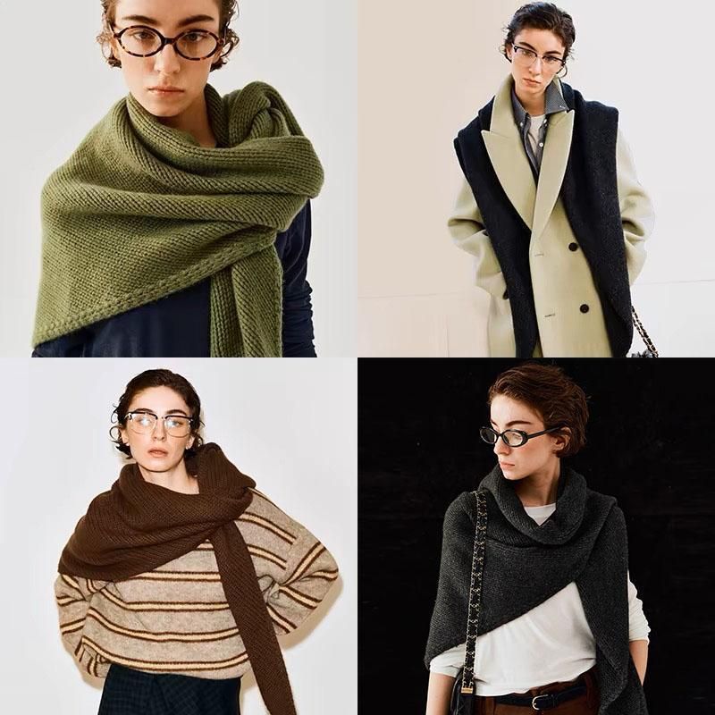 Black Retro Wool Blend 190x70cm Knitted Triangle Scarf - Multifunction Warm Shawl Wrap with Elegant Minimalist Design for Fall Winter Versatile Styling