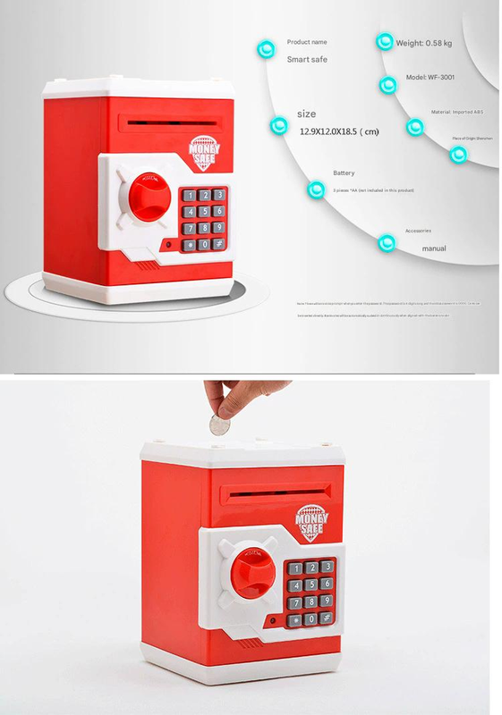 Black and Red Children's Electronic Password Piggy Bank — An ATM-style automatic money-rolling safe featuring a digital keypad lock, 4-digit password security, and a coin slot. Powered by three AA batteries (not included), this educational and development