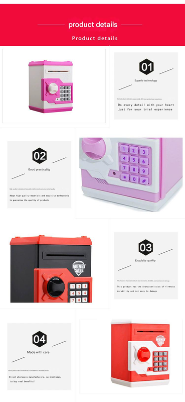 Yellow and Blue Children's Electronic Password Piggy Bank — An ATM-style automatic money-rolling safe featuring a digital keypad lock, 4-digit password security, and a coin slot. Powered by three AA batteries (not included), this educational and developme