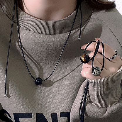 Vintage Geometric Natural Stone Bead Pendant Necklace Adjustable Black Rope Collarbone Chain Unisex Boho Jewelry Gift-malachite