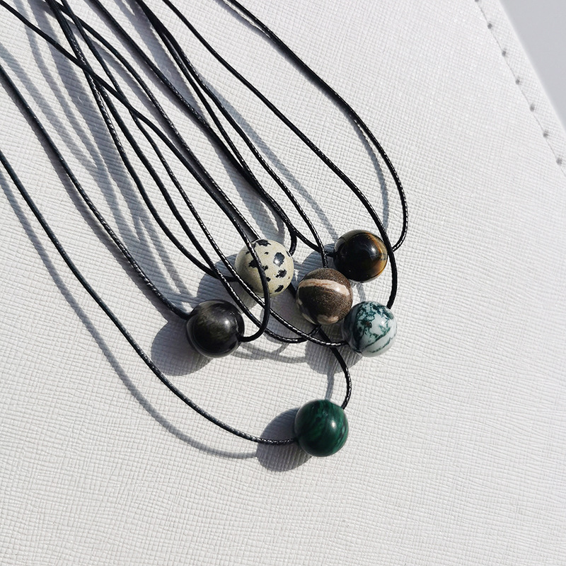 Vintage Geometric Natural Stone Bead Pendant Necklace Adjustable Black Rope Collarbone Chain Unisex Boho Jewelry Gift-malachite