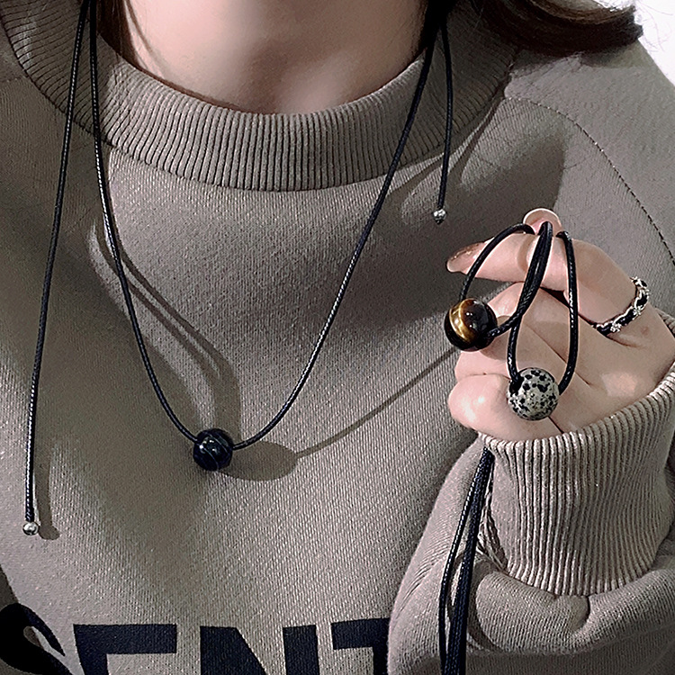 6-piece Vintage Geometric Natural Stone Bead Pendant Necklace Adjustable Black Rope Collarbone Chain Unisex Boho Jewelry Gift