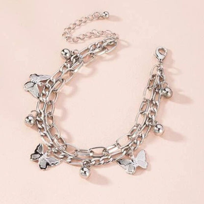 Silvery Butterfly Charm Layered Chain Bracelet - Gold and Silver Alloy Finish - Adjustable Double Strand Design, Lightweight Everyday Wear, Gift Ready，Gift Box Set